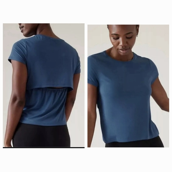 Athleta Tops - Athleta Air Out Cinch Tee XL Blue Top Open Back T-Shirt Workout Gym Athleisure